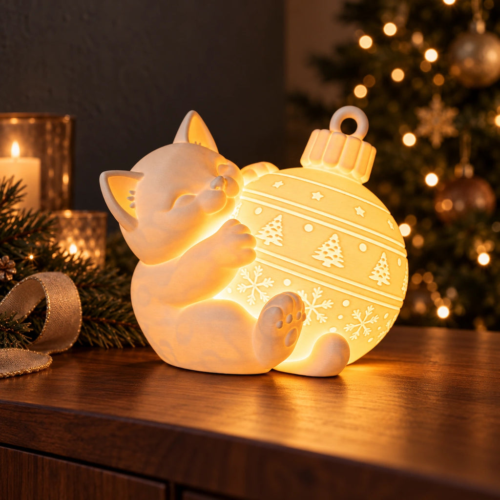 Candeeiro Gatinho de Natal iluminado num aparador de madeira, com ambiente natalício acolhedor