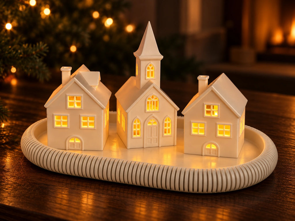 Casinhas de Natal Iluminadas — Vila Encantada — Conjunto pequeno na bandeja opcional de 20 × 13 cm