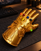 Manopla do Infinito sobre uma secretária gaming, com luz quente e fundo discreto