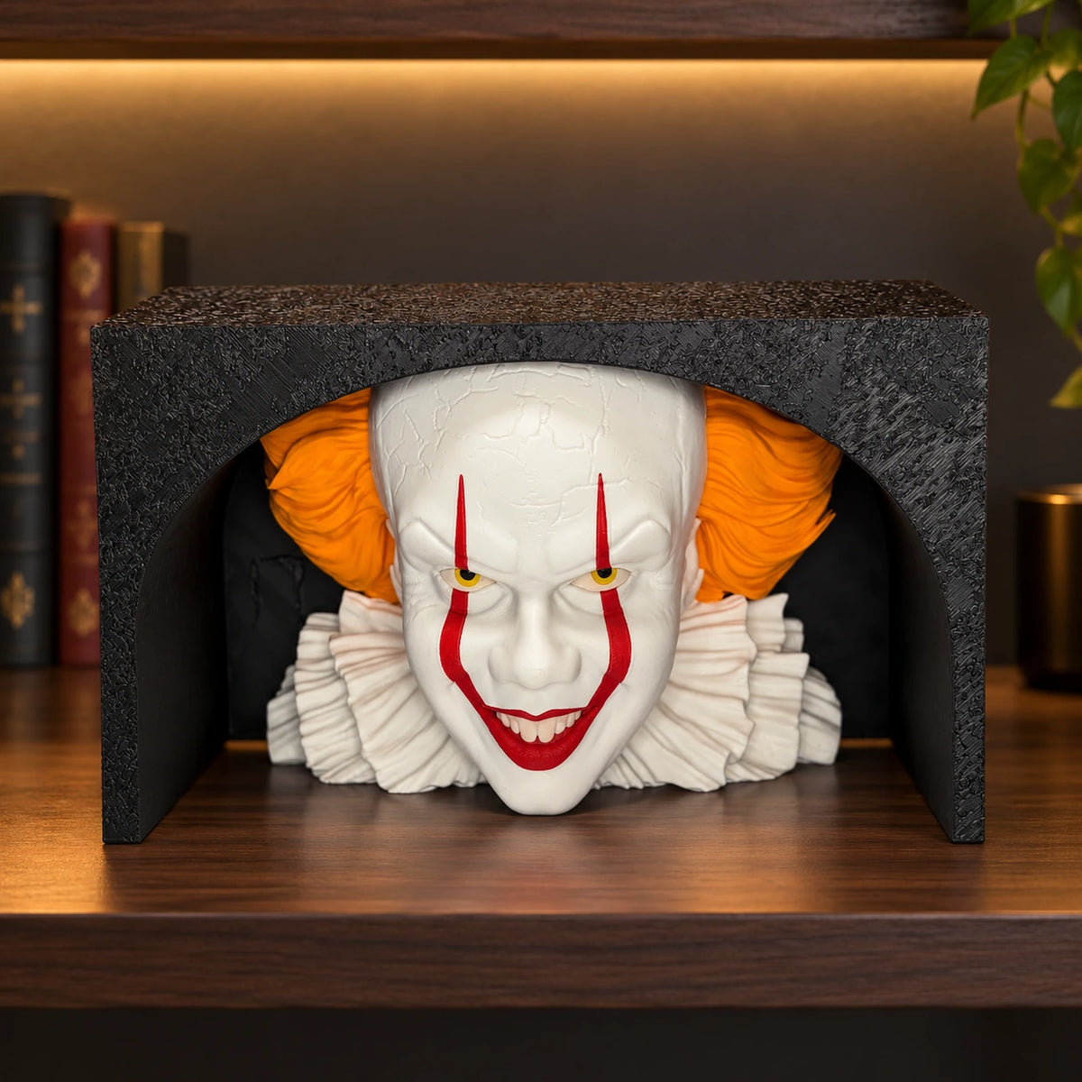 Pennywise exposto numa prateleira de madeira com iluminação quente